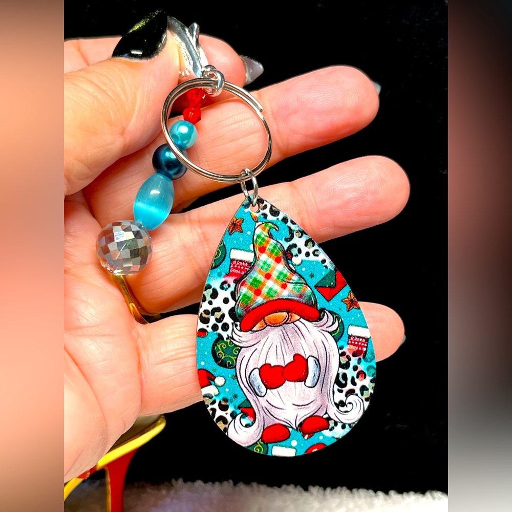 Adorable gnome, zipper pull or purse bling-blue, red and silver